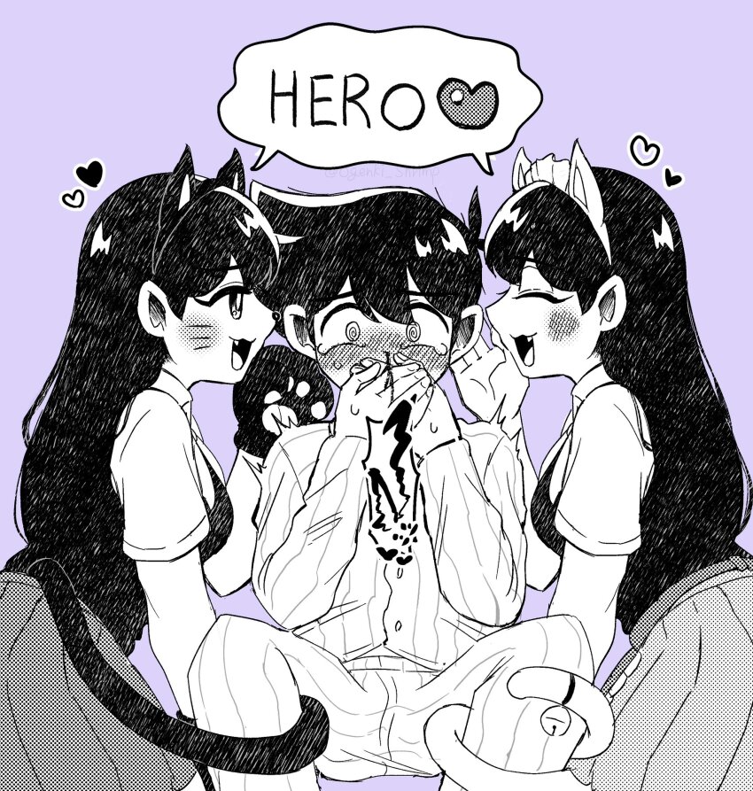 1boy, 2girls, @_@, animal_ears, aroused_nosebleed, blood, blush, cat_ears, cat_tail, closed_eyes, english_text, fake_animal_ears, fake_tail, fang, greyscale_with_colored_background, hairband, heart, hero_(headspace)_(omori), hero_(omori), highres, long_hair, looking_at_another, mari_(headspace)_(omori), mari_(omori), multiple_girls, nosebleed, ogenki_shrimp, omori, open_mouth, pleated_skirt, purple_background, shared_speech_bubble, short_hair, simple_background, sitting, skirt, speech_bubble, spoken_heart, tail