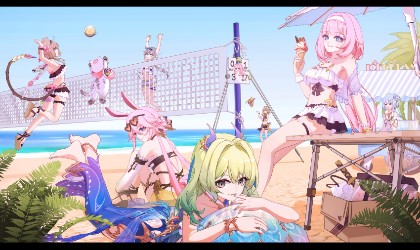 6+girls, absurdres, animal_ears, ball, beach, beach_umbrella, beach_volleyball, bikini