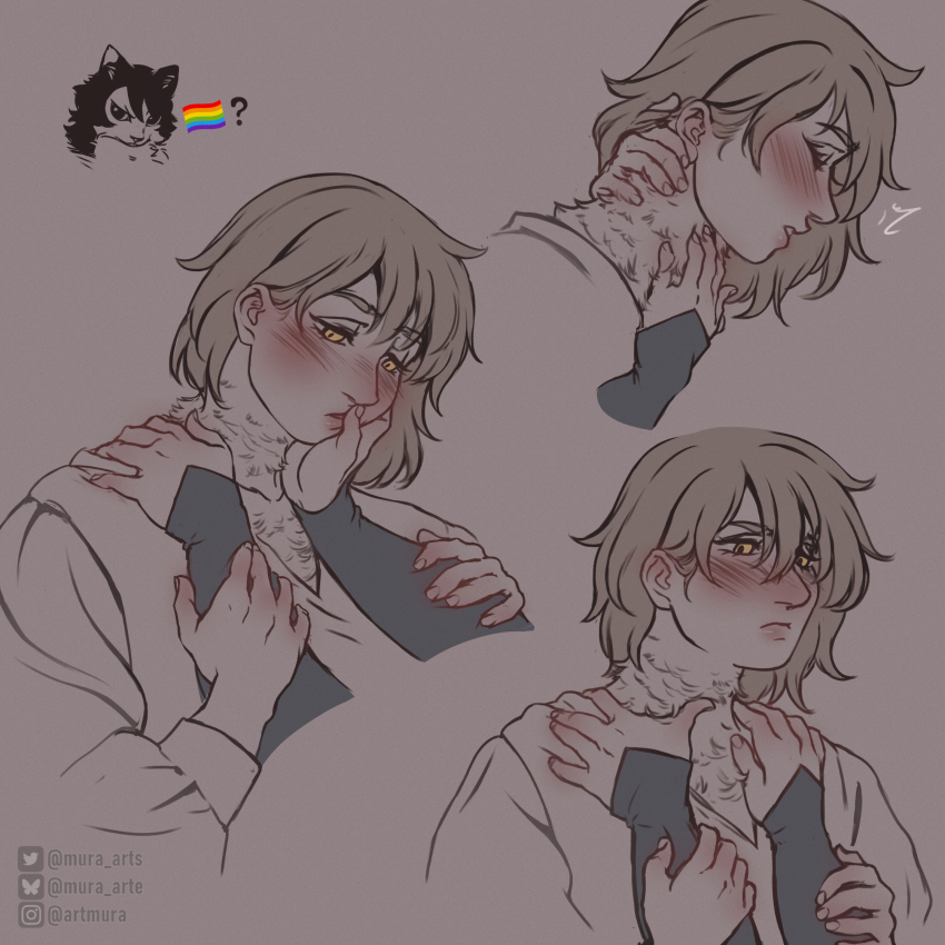 2girls, animalization, blush, cat, commentary, dungeon_meshi, english_commentary, falin_touden