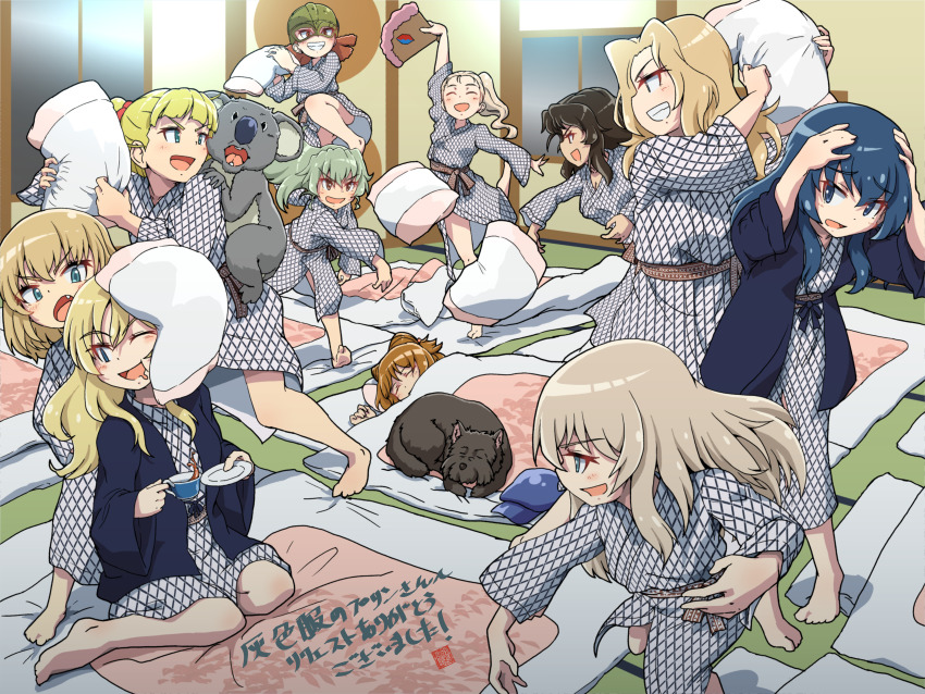 6+girls, absurdres, alternate_hairstyle, anchovy_(girls_und_panzer), arm_up, artist_logo, barefoot, bath_yukata