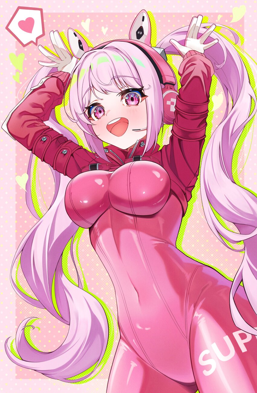 1girl, :d, absurdres, alice_(nikke), animal_ear_headphones, animal_ears, arms_up, blush