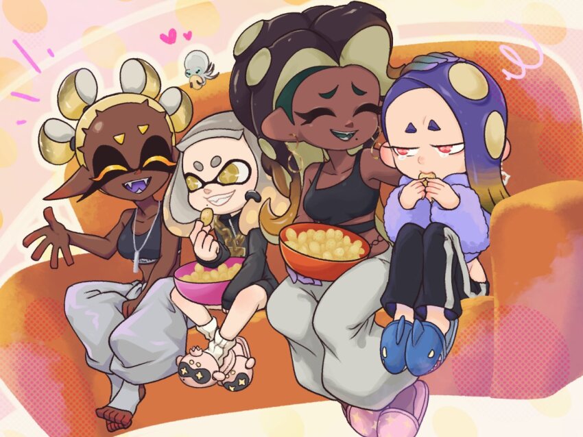 4girls, alternate_costume, chips_(food), closed_eyes, couch, crying, crying_with_eyes_open, dark-skinned_female, dark_skin, earrings, food, frye_(splatoon), frye_(suffer_no_fools)_(splatoon), jewelry, marina_(splatoon), marina_(suffer_no_fools)_(splatoon), mole, multiple_girls, nintendo, pearl_(splatoon), pearl_(suffer_no_fools)_(splatoon), potato_chips, shiver_(splatoon), shiver_(suffer_no_fools)_(splatoon), slippers, smollusk_(splatoon), splatoon_(series), splatoon_3, sports_bra, tears, togeshiro_azami