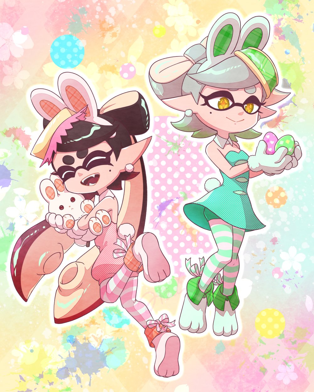 2girls, animal_ears, callie_(splatoon), callie_(springfest)_(splatoon), closed_eyes, cousins, easter, easter_egg