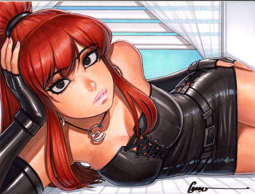 1girl, artist_name, bare_shoulders, belt, black_belt, black_dress, black_eyeliner, black_eyes, black_gloves, black_scrunchie, breasts, cleavage, commentary, curtains, dress, earrings, elbow_gloves, english_commentary, envy_adams, eyeliner, fingerless_gloves, gloves, hair_between_eyes, hand_on_own_thigh, high_ponytail, hoop_earrings, indoors, jewelry, lace-up, large_breasts, lips, lipstick, long_hair, looking_at_viewer, lying, makeup, marker_(medium), nase, necklace, omar_dogan, on_side, parted_lips, pendant, pink_lips, pink_nails, ponytail, red_hair, scott_pilgrim_(series), scrunchie, shiny_clothes, short_dress, sidelocks, signature, silver_earrings, sleeveless, sleeveless_dress, solo, strapless, strapless_dress, traditional_media, upturned_eyes, window_blinds