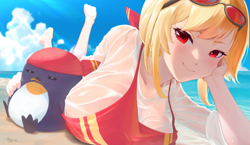 1girl, barefoot, beach, bird, blonde_hair, breasts, dreamoon-q, eyewear_on_head