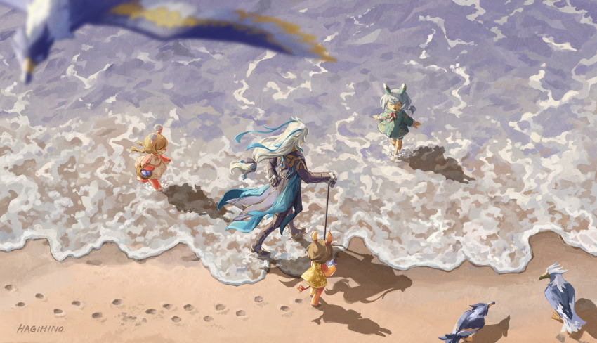 1boy, 3girls, :d, ^_^, animal_ears, aqua_dress, arm_behind_back, artist_name