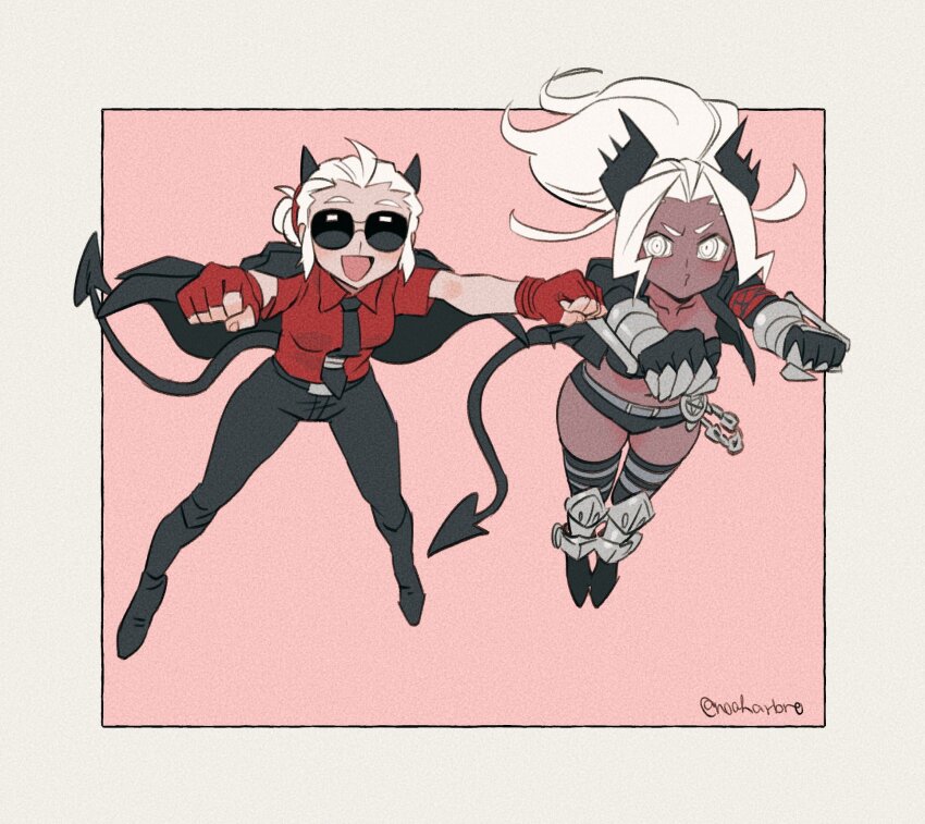 2girls, :d, black_horns, black_jacket, black_pants, breasts, cleavage, commentary_request