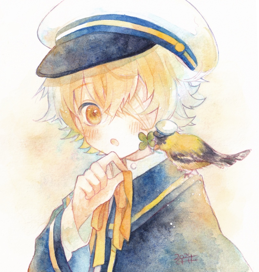1boy, 2024, :o, animal, animal_on_shoulder, bandage_over_one_eye, bandages, bird