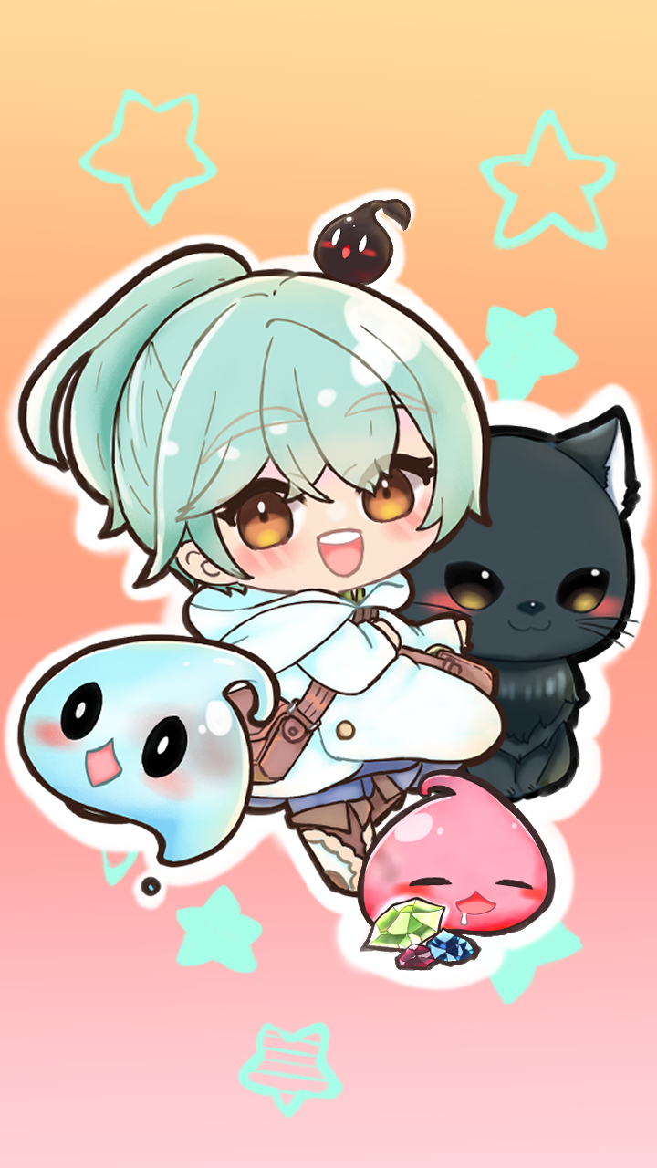 1girl, 4others, :d, akatsuki_midori, aqua_hair, bag, black_panther, blush