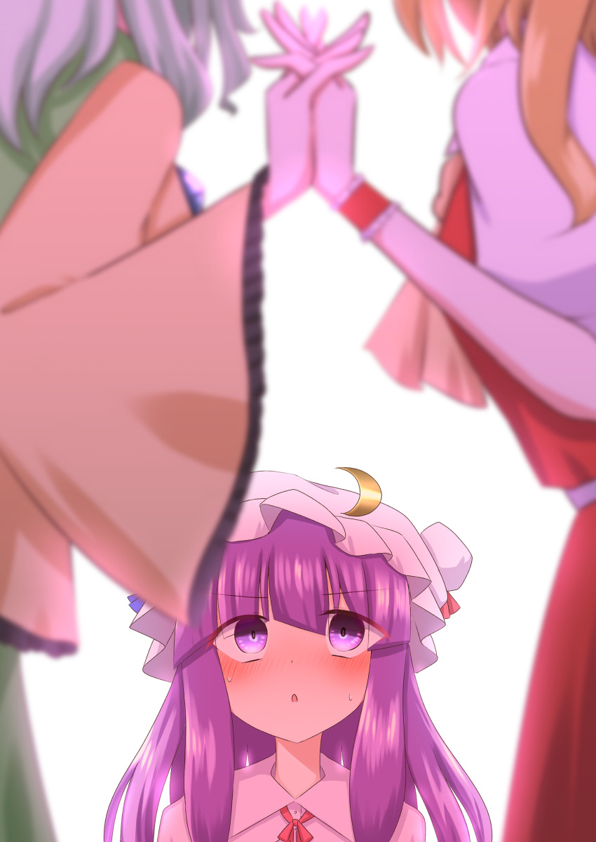 3girls, absurdres, ascot, blonde_hair, blue_ribbon, blunt_bangs, blurry, blush