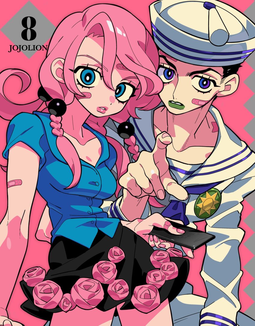 1boy, 1girl, bandaid, bandaid_on_arm, bandaid_on_face, bandaid_on_hand, black_hair, black_skirt