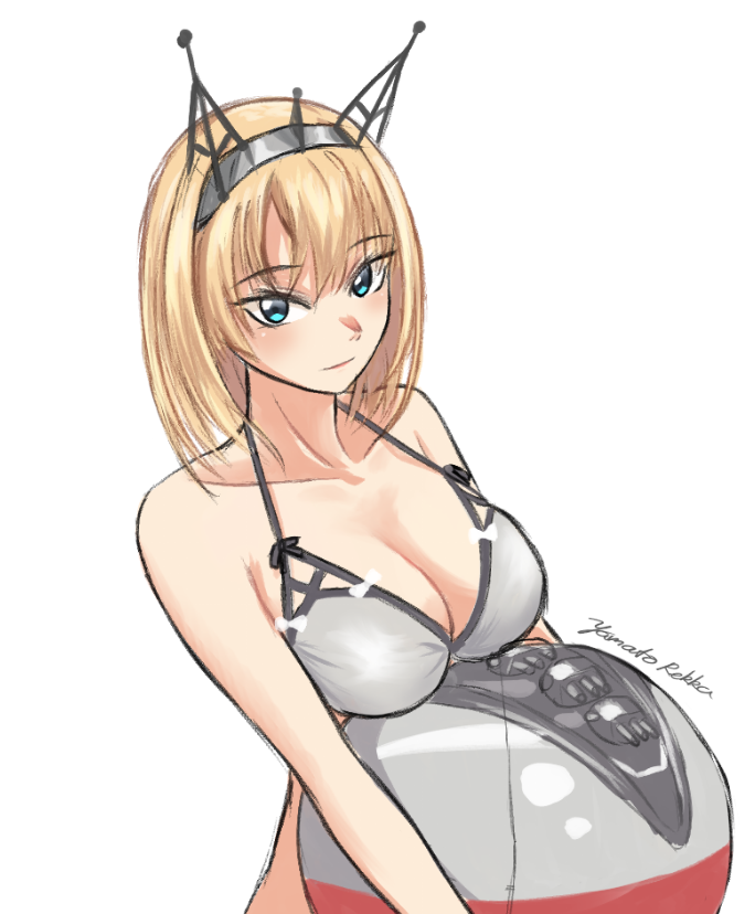 1girl, alternate_color, artist_name, azur_lane, ball, beachball, bikini, blonde_hair