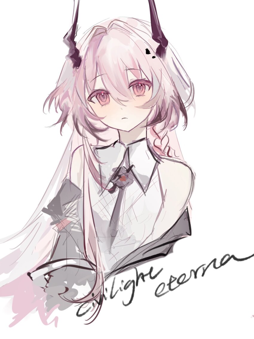 1girl, arknights, black_horns, black_jacket, character_name, civilight_eterna, closed_mouth, collared_shirt