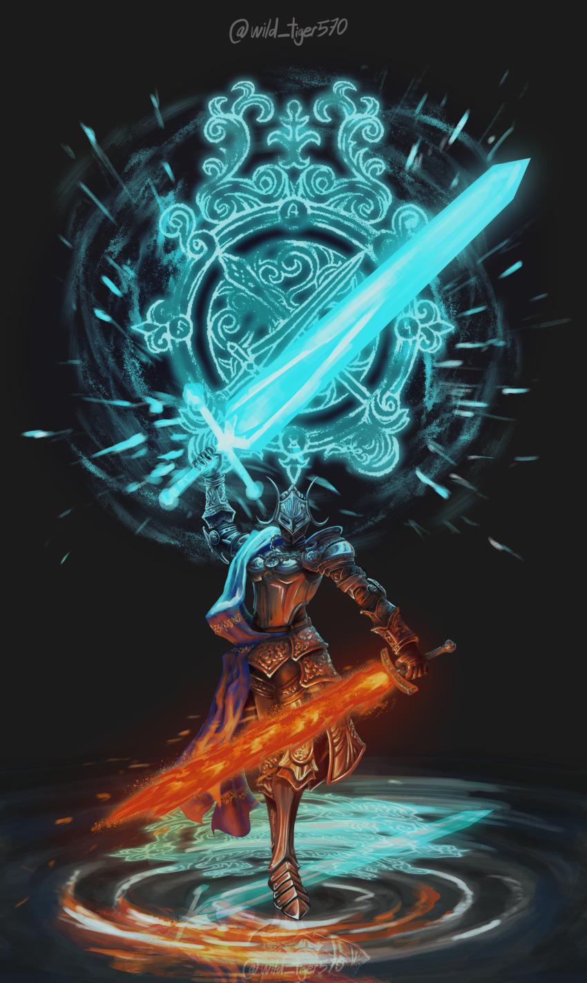 1girl, absurdres, armor, blue_surcoat, breastplate, covered_eyes, crescent, crest