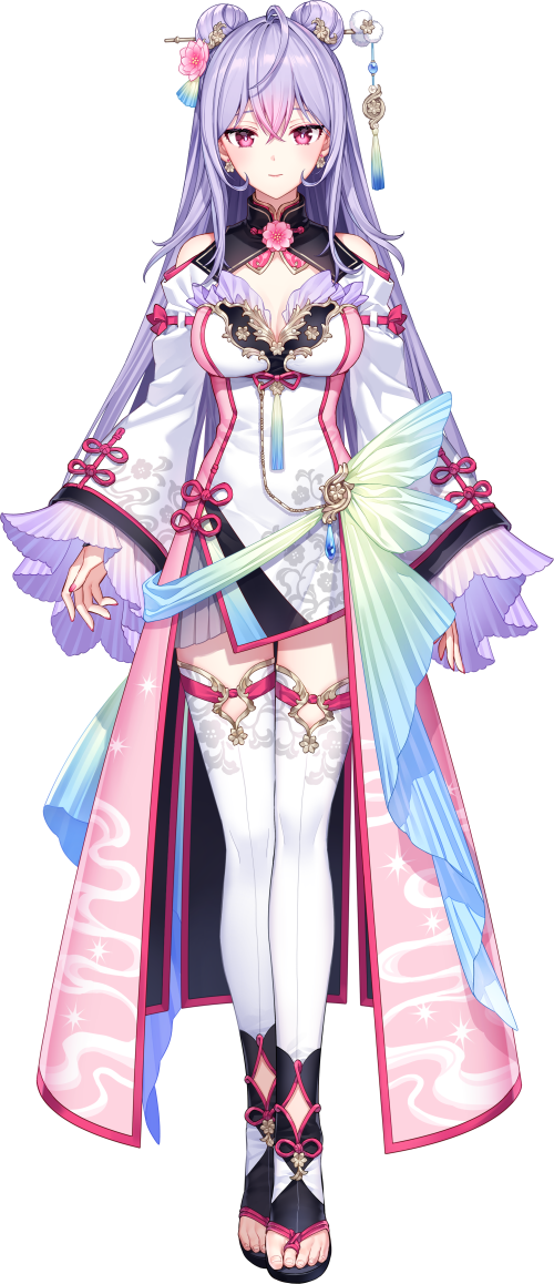 1girl, ahoge, bare_shoulders, black_footwear, breasts, chinese_clothes, double_bun, dress, earrings, floral_print, flower, flower_earrings, full_body, hair_bun, hair_flower, hair_ornament, jewelry, kozue_mone, kozue_mone_(1st_costume), layered_dress, long_hair, long_sleeves, looking_at_viewer, medium_breasts, nardack, nijisanji, official_art, pink_dress, pink_eyes, pink_flower, pink_ribbon, purple_hair, ribbon, solo, tachi-e, thighhighs, transparent_background, very_long_hair, virtual_youtuber, white_dress, white_thighhighs, zettai_ryouiki