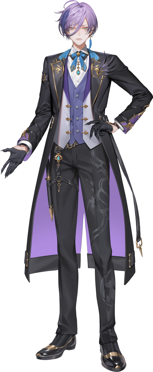 1boy, ahoge, black_gloves, black_pants, black_shoes, black_suit, blue_bow, blue_bowtie