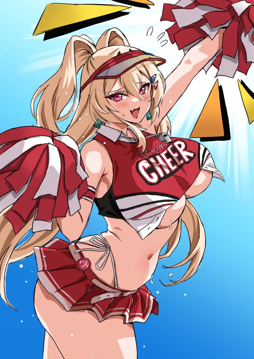 1girl, :d, arm_up, blonde_hair, breasts, cheerleader, clay_(nikke), crop_top