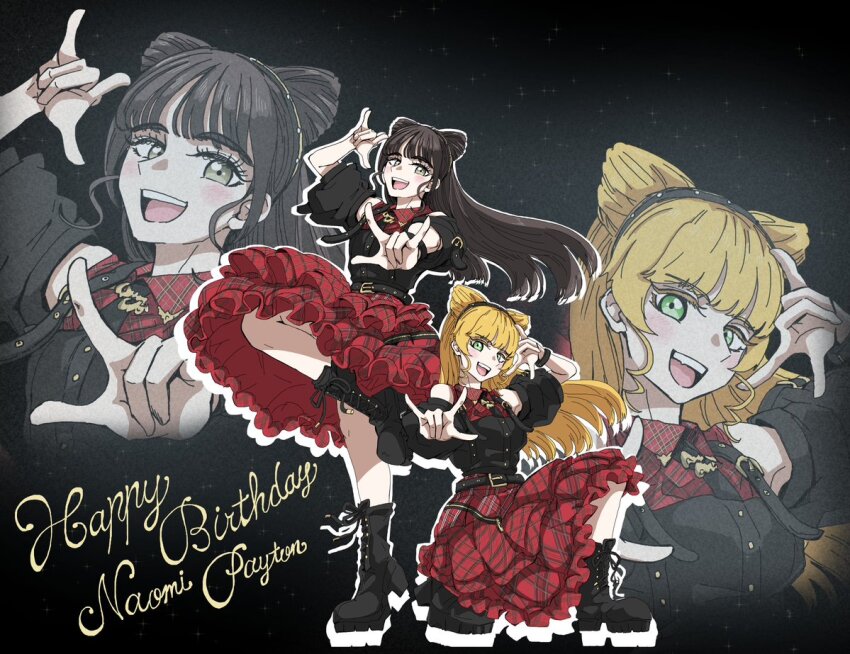 2girls, \m/, black_footwear, blonde_hair, boots, brown_eyes, brown_hair, character_name