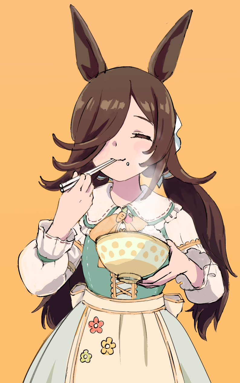 1girl, animal_ears, brown_hair, chopsticks, dress, eating, floral_print, food