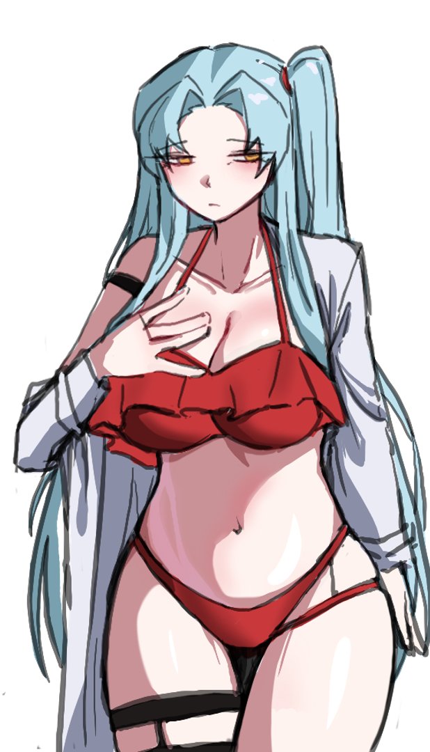 1girl, alternate_breast_size, alternate_costume, angela_(project_moon), bikini, blue_hair, breasts, cleavage