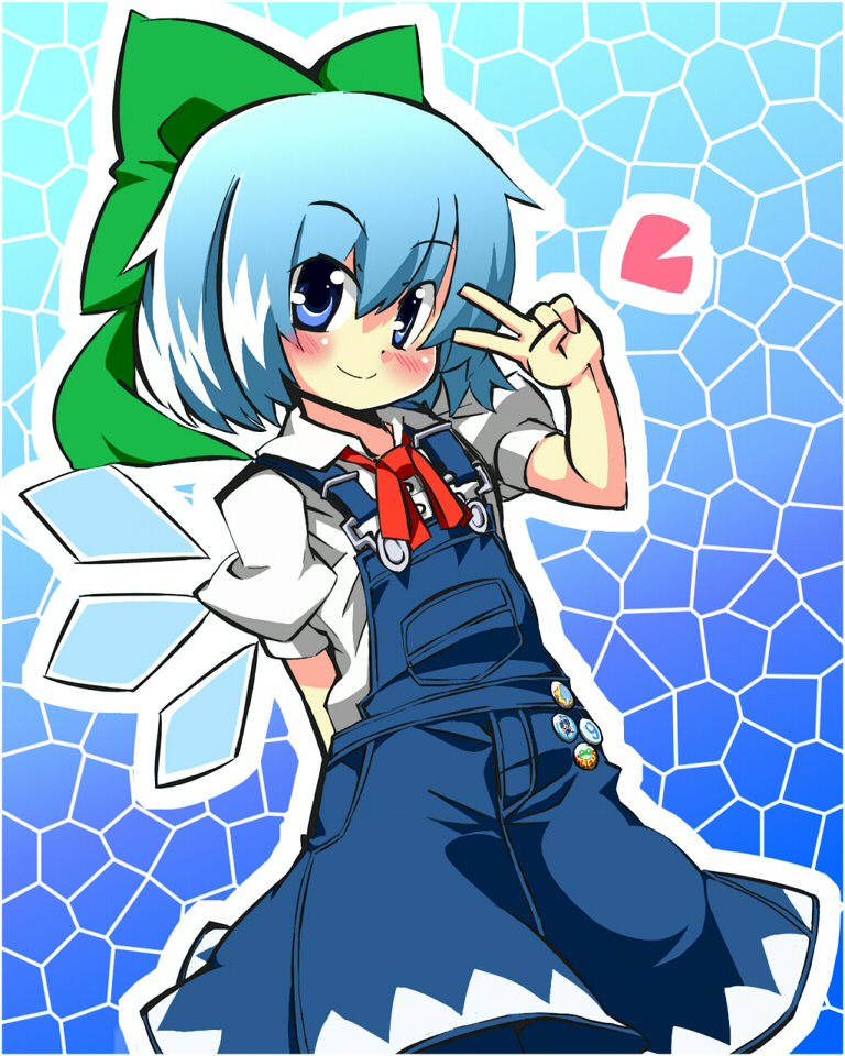 1girl, blue_background, blue_theme, circled_9, cirno, female_focus, gojuuroku, heart