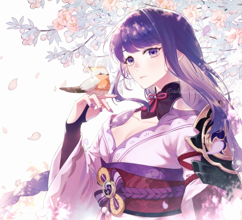 1girl, bird, bird_on_hand, braid, branch, breasts, bridal_gauntlets, brill_p