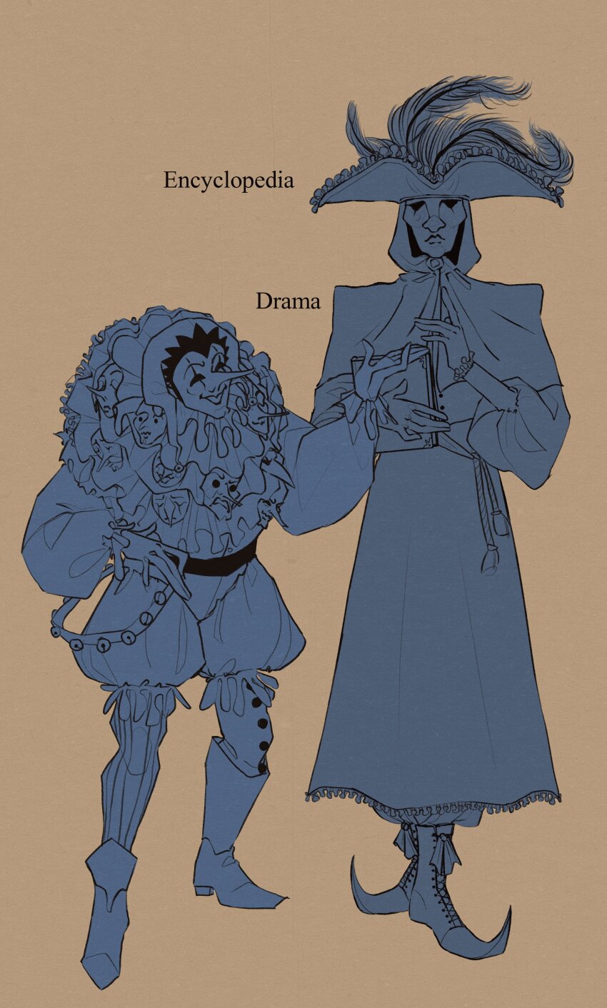 2boys, absurdres, belt, blue_theme, book, brown_background, character_name, commentary, disco_elysium, drama_(disco_elysium), encyclopedia_(disco_elysium), english_commentary, english_text, feathered_wings, full_body, gloves, hand_up, hat, hetequilasunset, highres, holding, holding_book, jester, long_nose, mask, multiple_boys, original, pantaloons, pointy_boots, puffy_sleeves, robe, shoes, simple_background, tricorne, wings