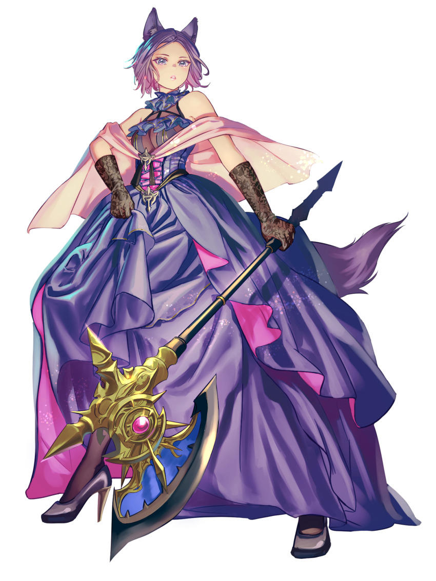 1girl, animal_ears, axe, bare_shoulders, black_gloves, breasts, brown_pantyhose, capelet