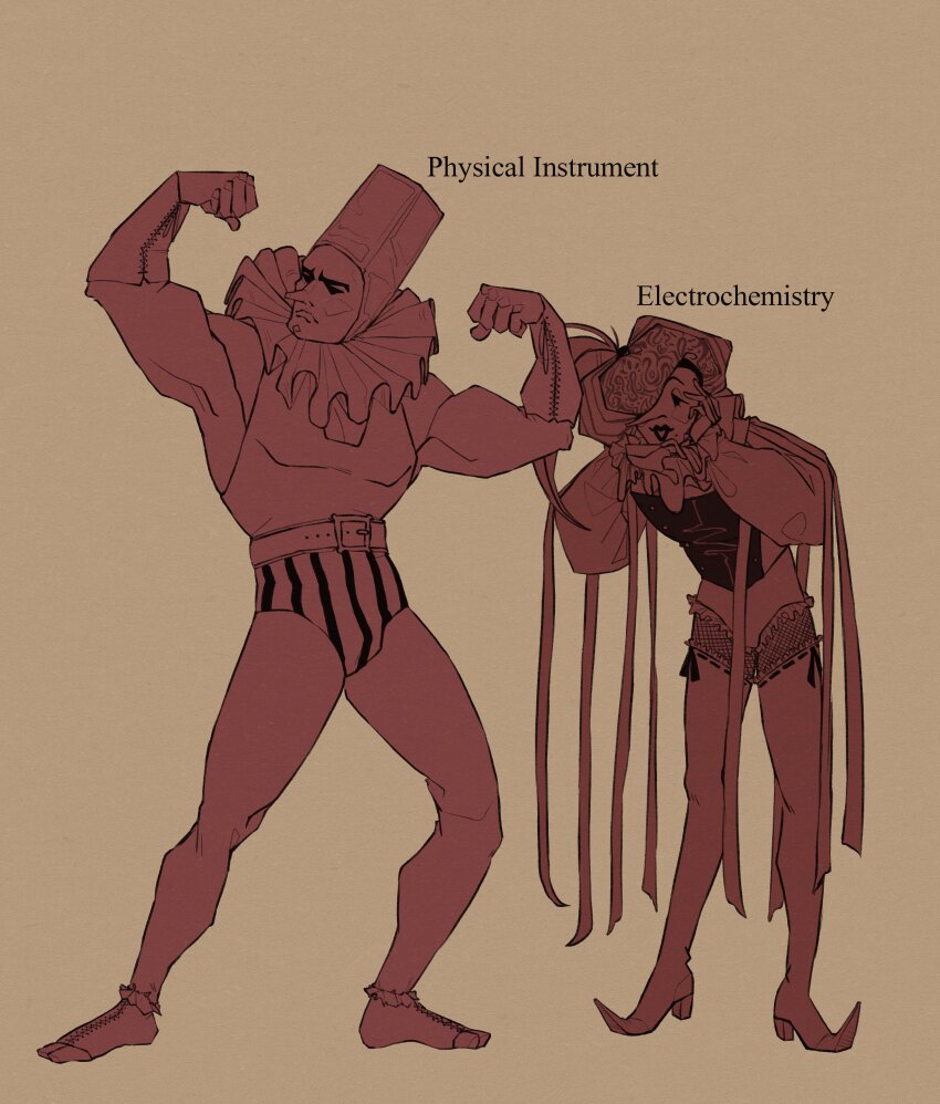 2boys, absurdres, biceps, bodybuilder, boots, briefs, brown_background, character_name