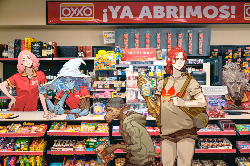 bag, beanie, blaidd_the_half-wolf, blue_hair, blue_skin, boc_the_seamster, bottle, cellphone, cigarette, colored_skin, counter, cromwaits, duffel_bag, elden_ring, extra_arms, hat, height_difference, highres, holding, holding_cigarette, hood, hoodie, leaning, leaning_on_object, magazine_(object), melina_(elden_ring), millicent_(elden_ring), one_eye_closed, oxxo, phone, photo_background, pink_hair, prosthesis, prosthetic_arm, purple_eyes, ranni_the_witch, red_hair, shorts, smartphone, smoking, snack, spanish_text, sweat, uniform, urban_fantasy, vogue, water_bottle, witch_hat, wolf_boy, yellow_eyes