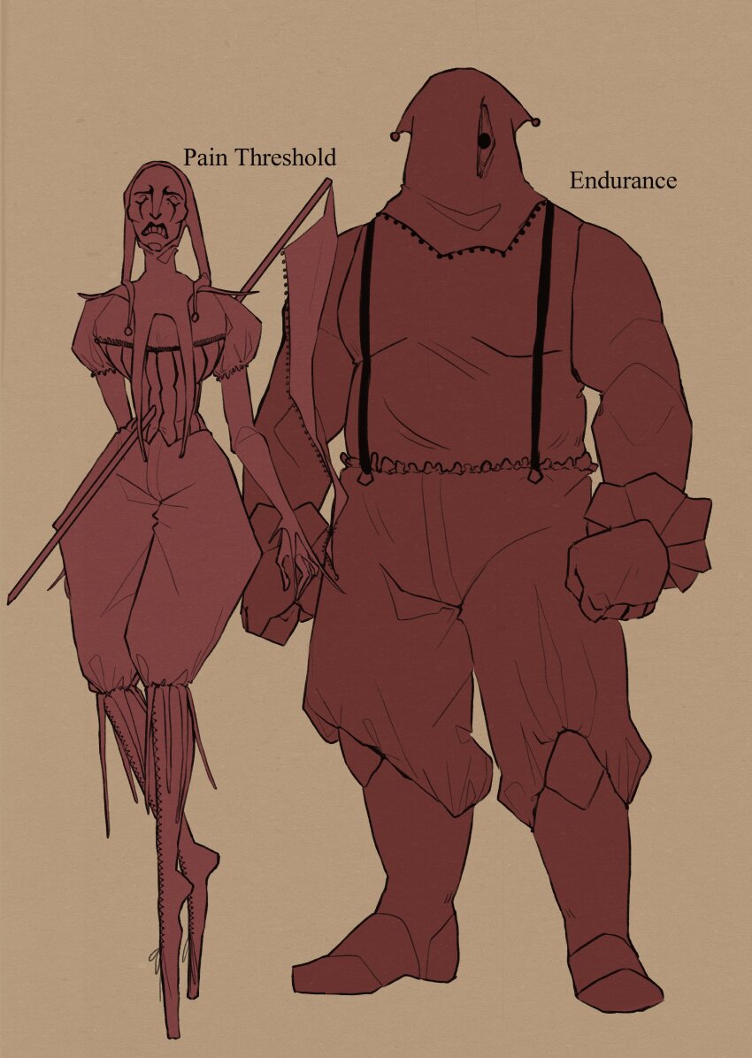 2boys, absurdres, boots, brown_background, bustier, character_name, clenched_hand, closed_eyes