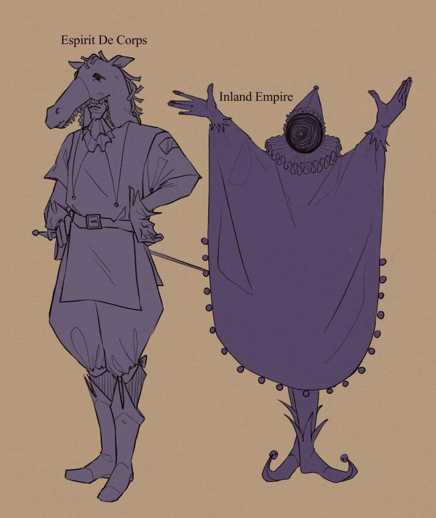 2boys, absurdres, arms_up, bell, belt, brown_background, character_name, cloak