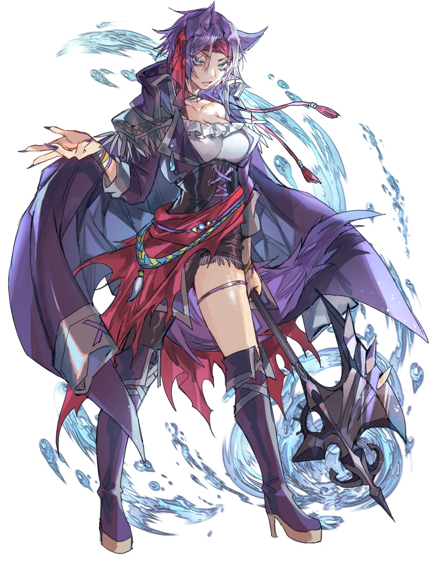 1girl, animal_ears, axe, black_shorts, blue_eyes, boots, breasts, cape