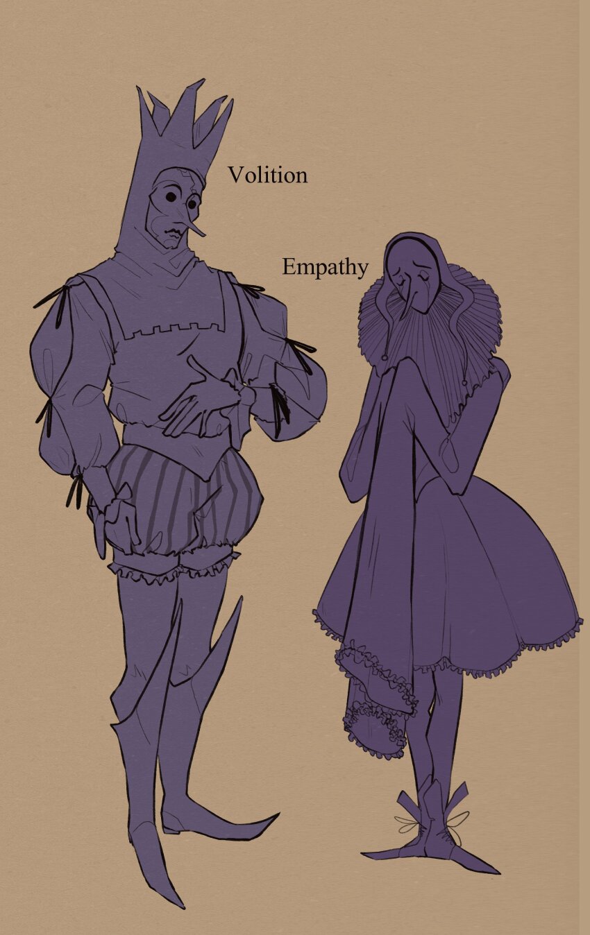 2boys, absurdres, arm_at_side, boots, brown_background, character_name, commentary, covering_own_mouth, crown, disco_elysium, empathy_(disco_elysium), english_commentary, english_text, full_body, hand_over_own_mouth, hetequilasunset, highres, jester, knee_boots, legs_together, long_sleeves, male_focus, multiple_boys, original, pantaloons, pointy_boots, purple_theme, simple_background, sleeves_past_fingers, sleeves_past_wrists, standing, volition_(disco_elysium)