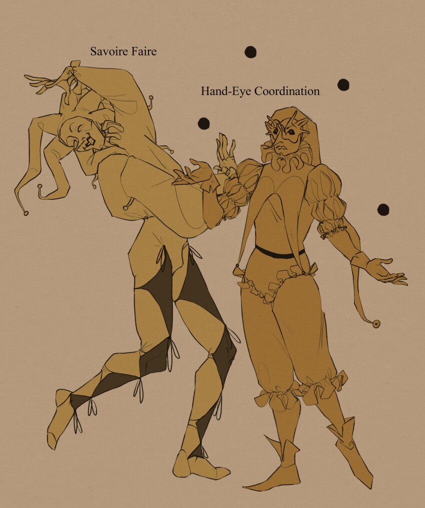 2boys, absurdres, arm_up, belt, brown_background, character_name, checkered_clothes, checkered_pants