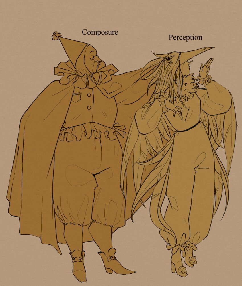 2boys, absurdres, bird_mask, breast_pocket, brown_background, character_name, cloak, closed_eyes, closed_mouth, collar, commentary, composure_(disco_elysium), disco_elysium, english_commentary, english_text, fat, fat_man, feathers, frilled_collar, frills, full_body, hetequilasunset, highres, jester, male_focus, mask, multiple_boys, original, pantaloons, pants, perception_(disco_elysium), pocket, pointing, pointy_hat, pointy_nose, puffy_sleeves, simple_background, yellow_theme