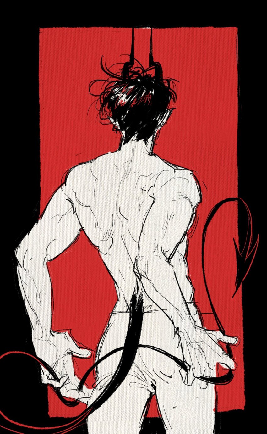 1boy, black_hair, boss_00, cowboy_shot, demon_boy, demon_horns, demon_tail, facing_away