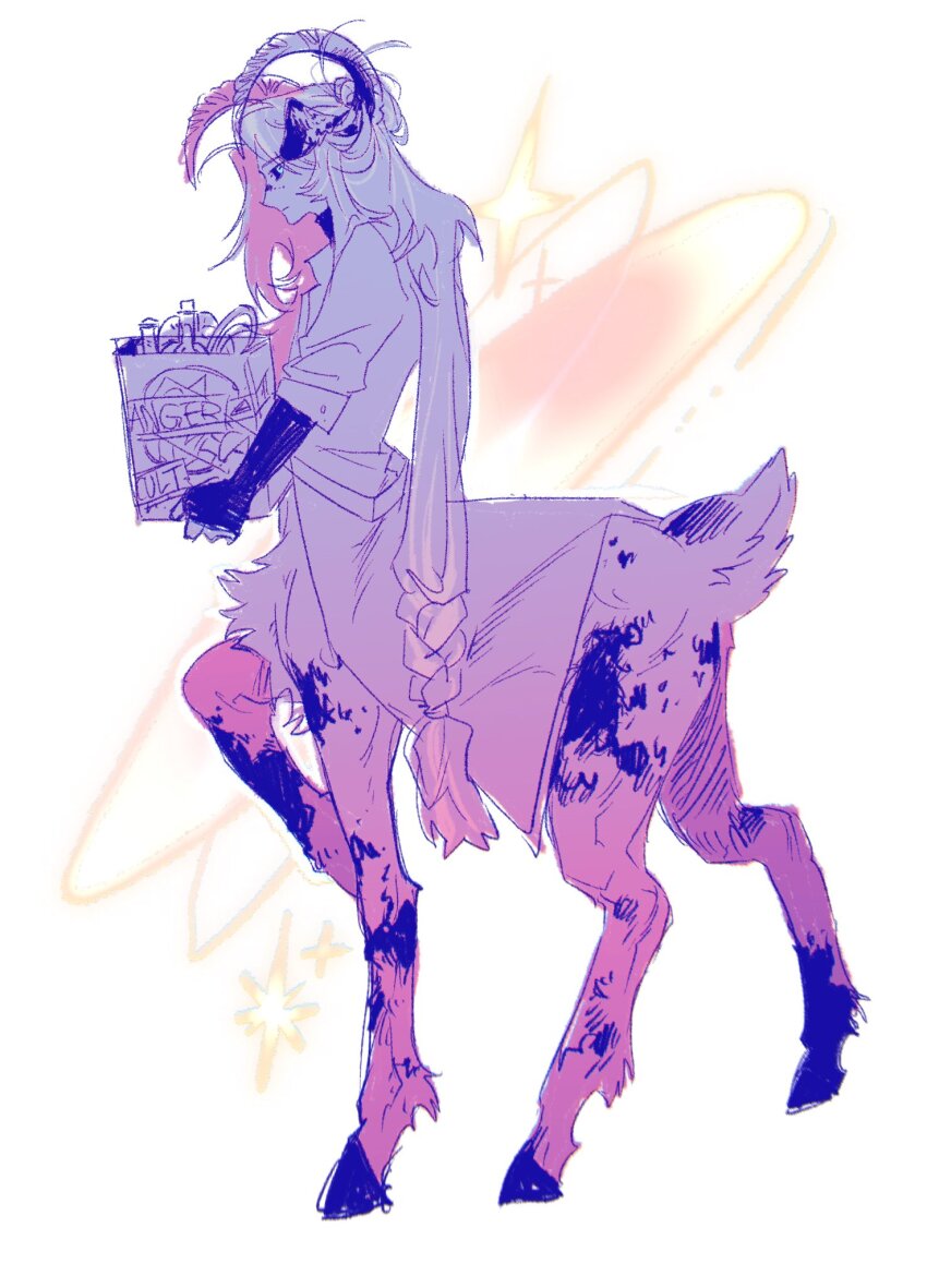 1boy, animal_ears, bag, blue_eyes, blue_sclera, boss_00, braid, centauroid