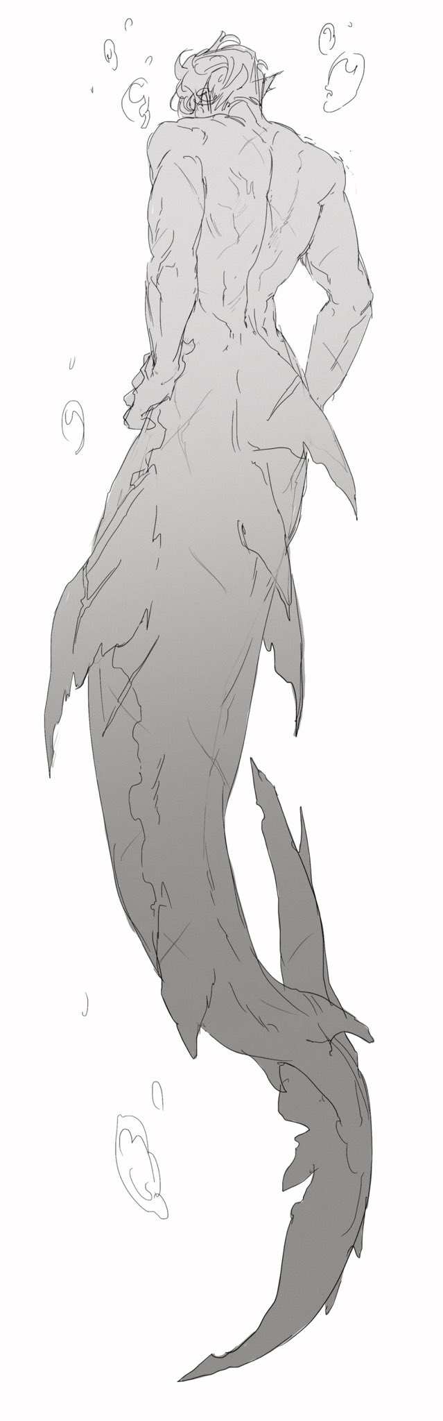 1boy, air_bubble, boss_00, bubble, commentary_request, facing_away, fins, from_behind, full_body, greyscale, hand_on_own_hip, highres, korean_commentary, male_focus, mermaid, merman, monochrome, monster_boy, monster_girl, original, pointy_ears, scar, scar_on_arm, scar_on_back, short_hair, simple_background, solo, very_short_hair, white_background