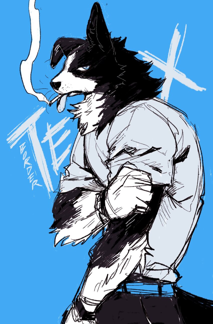 1boy, black_fur, blue_background, blue_eyes, blue_shirt, body_fur, boss_00, cigarette