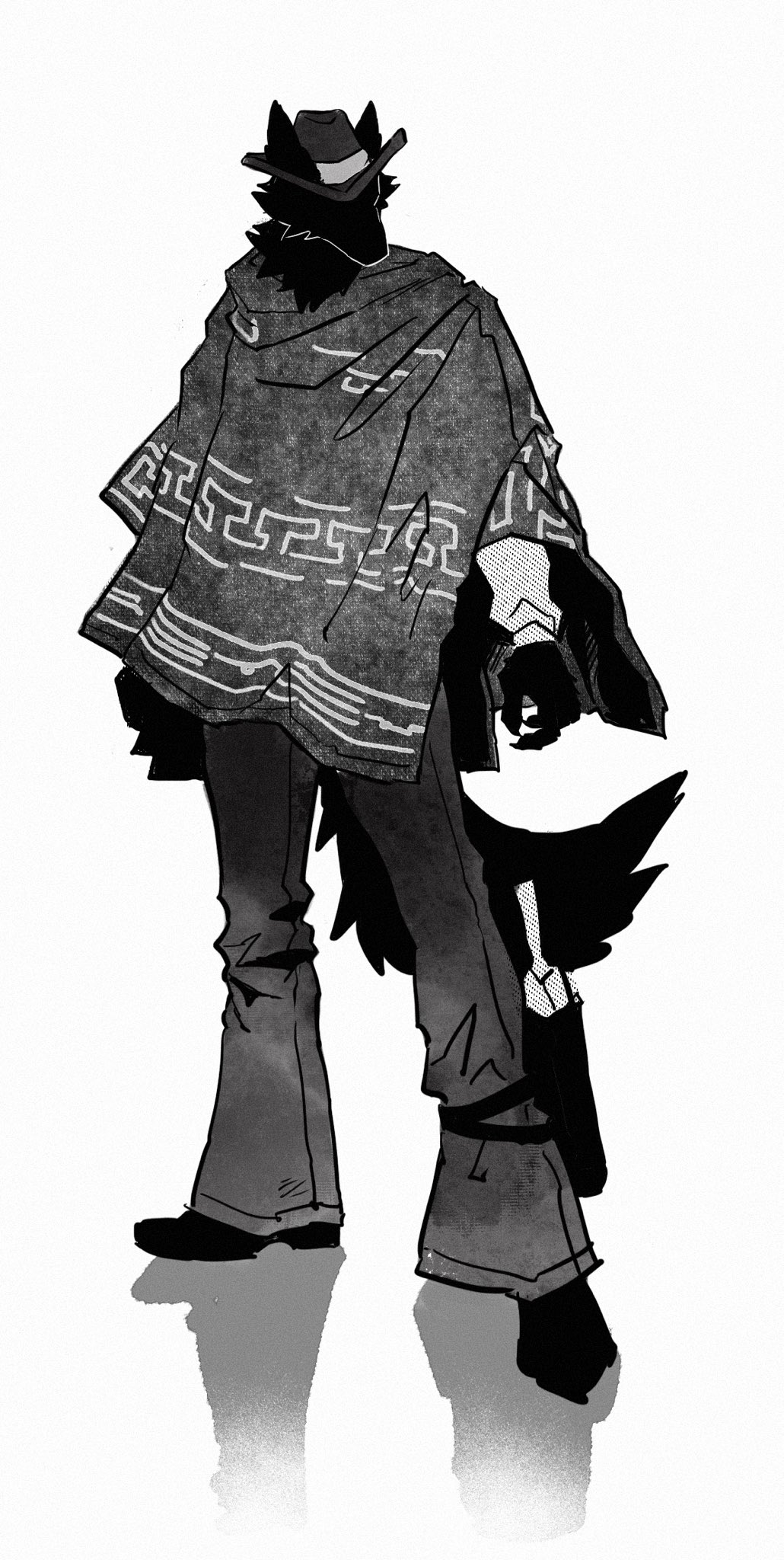 1boy, animal_ears, body_fur, boss_00, commentary_request, cowboy_hat, cowboy_western, ears_through_headwear, full_body, furry, furry_male, greyscale, hat, highres, korean_commentary, long_sleeves, male_focus, monochrome, original, poncho, simple_background, solo, standing, tail, white_background, wolf_boy, wolf_ears, wolf_tail