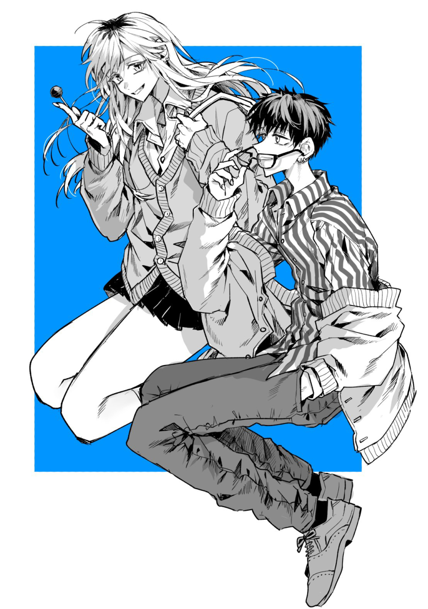 1boy, 1girl, akiyama_akihito, black_hair, black_skirt, blue_background, candy, collared_shirt