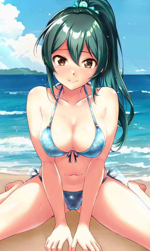 1girl, arm_support, bare_legs, barefoot, beach, bikini, blush, breasts