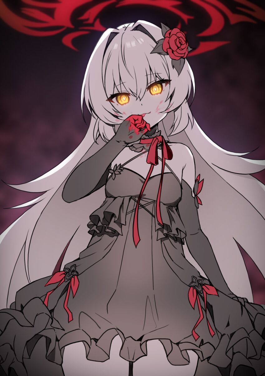 1girl, :p, absurdres, armpit_crease, bare_shoulders, black_dress, black_gloves, blood