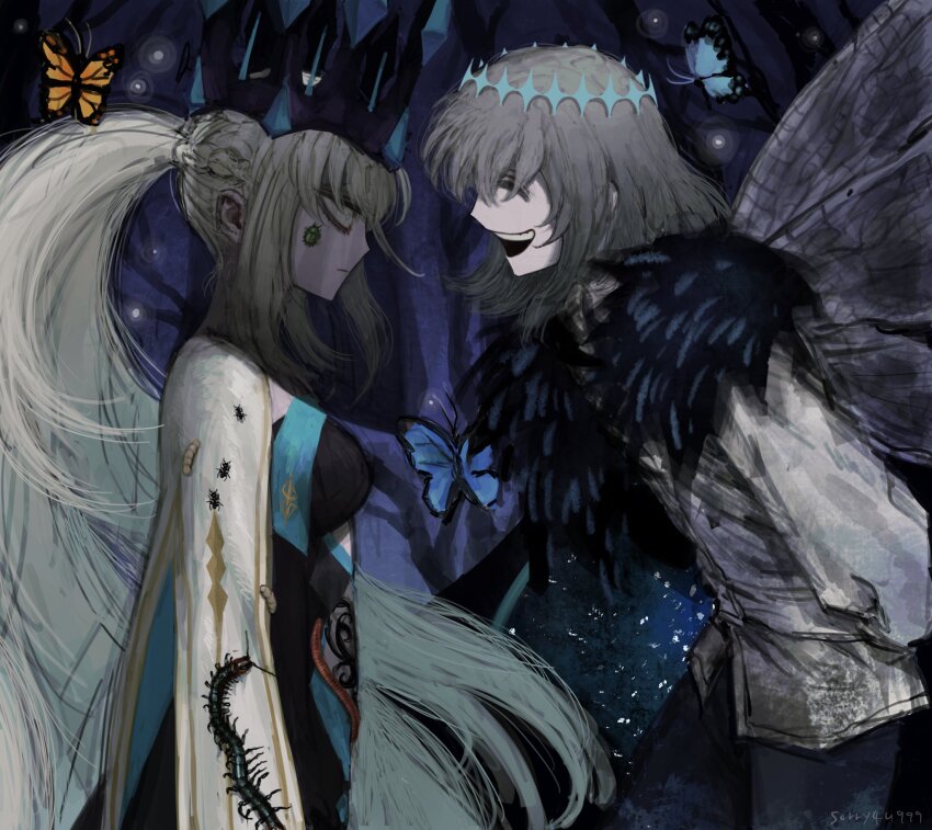 1boy, 1girl, arms_behind_back, arthropod_boy, bags_under_eyes, black_dress, black_veil, blue_eyes, braid, breasts, bug, butterfly, cape, centipede, closed_eyes, constricted_pupils, crown, diamond_hairband, dragonfly_wings, dress, face-to-face, fate/grand_order, fate_(series), from_side, fur_trim, grey_hair, grin, half_up_braid, highres, insect, insect_on_face, insect_on_shoulder, insect_wings, large_breasts, larva, leaning_forward, long_hair, long_sleeves, looking_at_another, medium_hair, morgan_le_fay_(fate), morgan_le_fay_(queen_of_winter)_(fate), multicolored_cape, oberon_(fate), oberon_(third_ascension)_(fate), official_alternate_hair_color, ponytail, profile, shirt, sidelocks, smile, sorry4u999, spider, veil, white_cape, white_shirt, wide-eyed, wings, worm