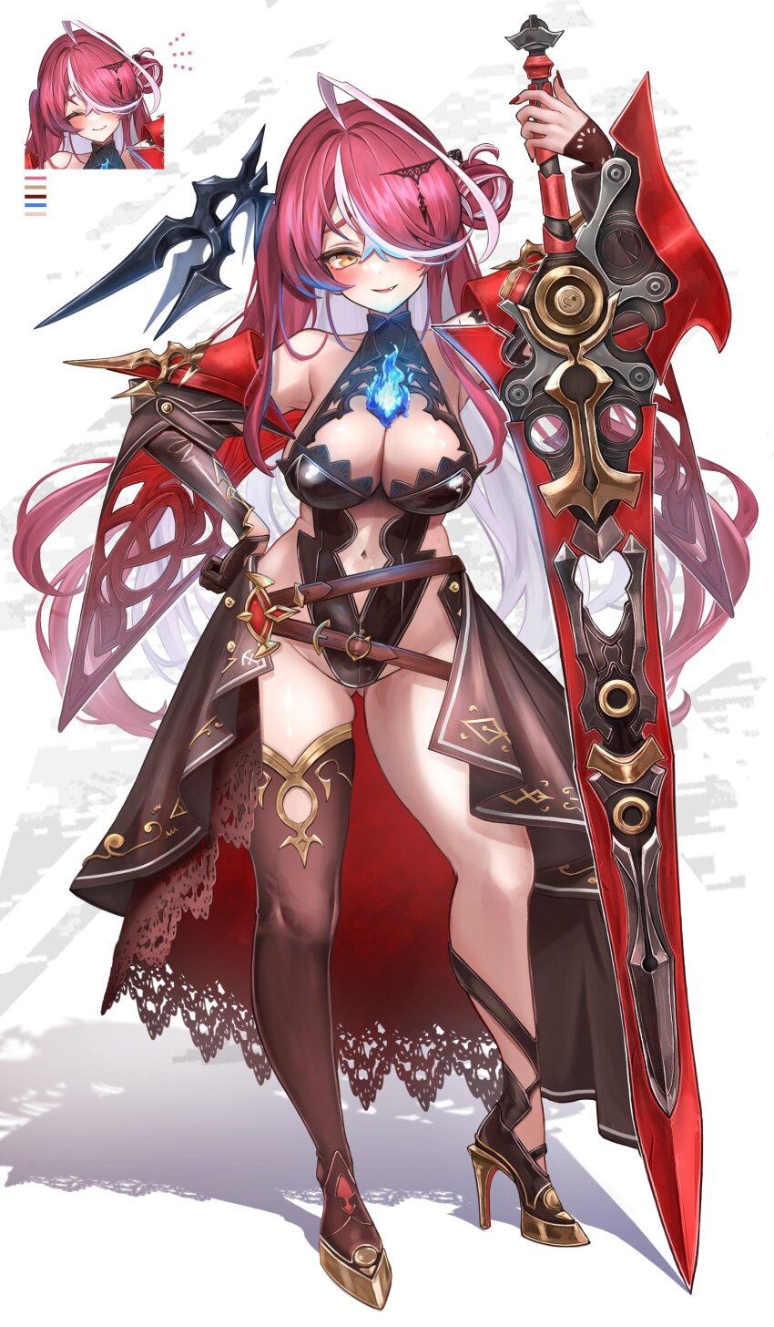 1girl, absurdres, ahoge, blue_fire, blush, breasts, cosplay, elizabeth_rose_bloodflame, elizabeth_rose_bloodflame_(cosplay), fang, fire, full_body, gluteal_fold, hand_on_own_hip, high_heels, highres, holding, holding_sword, holding_weapon, hololive, hololive_english, houshou_marine, large_breasts, long_hair, maison_de_cante, multicolored_hair, nail_polish, parted_lips, planted, planted_sword, planted_weapon, red_hair, single_thighhigh, solo, standing, streaked_hair, sword, thighhighs, thorn_(elizabeth_rose_bloodflame), very_long_hair, virtual_youtuber, weapon, white_hair, yellow_eyes