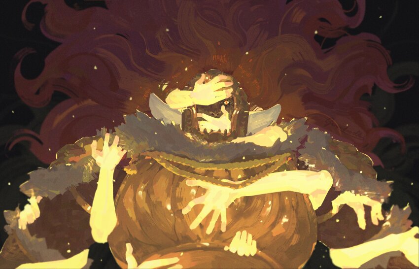 2boys, armor, black_background, breastplate, cape, covering_another's_mouth, elden_ring, elden_ring:_shadow_of_the_erdtree, ganondoodle, gold_armor, hand_over_another's_eye, hand_over_another's_mouth, helmet, highres, looking_at_viewer, male_focus, miquella_(elden_ring), multiple_boys, one_eye_covered, orange_eyes, pauldrons, shoulder_armor, spoilers, starscourge_radahn