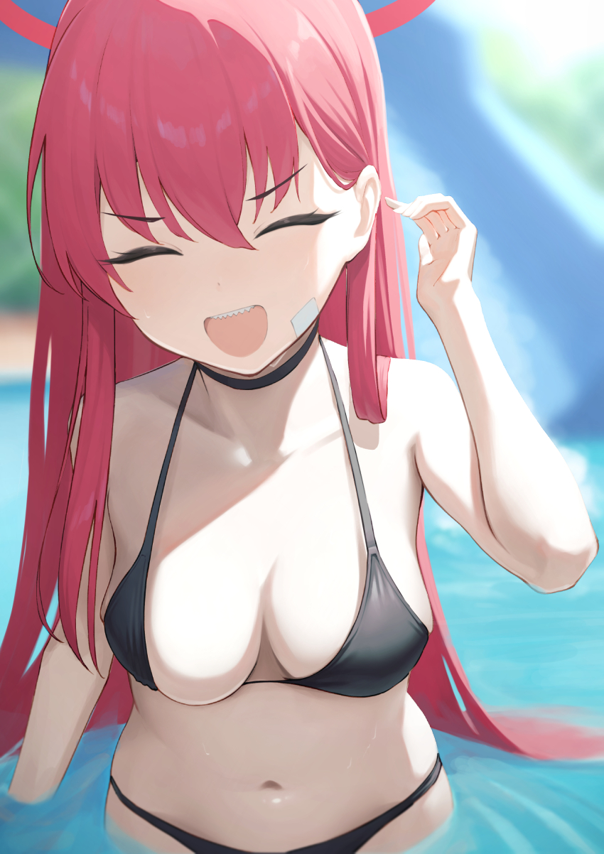 1girl, afe., bare_arms, bare_shoulders, bikini, black_bikini, blue_archive, blurry, blurry_background, breasts, closed_eyes, commentary, facing_viewer, hair_between_eyes, halo, highres, long_hair, medium_breasts, navel, open_mouth, partially_submerged, rabu_(blue_archive), rabu_(swimsuit)_(blue_archive), red_hair, red_halo, sharp_teeth, smile, solo, swimsuit, teeth, upper_body, water