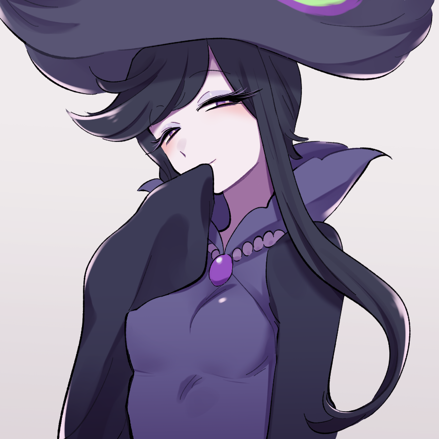 1girl, bead_necklace, beads, black_hair, black_sleeves, breasts, brooch, colored_skin, cookie_run, covered_erect_nipples, crowberry_cookie, dress, female_focus, half-closed_eyes, hand_to_own_mouth, hand_up, hat, head_tilt, high_collar, humanization, jewelry, long_sidelocks, long_sleeves, looking_to_the_side, necklace, niwa_(niwa827), pale_skin, purple_dress, purple_eyes, purple_hair, purple_hat, short_hair, short_hair_with_long_locks, sidelocks, simple_background, sleeves_past_fingers, sleeves_past_wrists, small_breasts, smile, smug, solo, swept_bangs, tagme, upper_body, white_background, witch, witch_hat