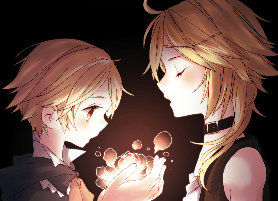 2boys, black_background, blonde_hair, choker, closed_eyes, flower, height_difference, medium_hair